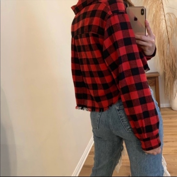 FOREVER 21 fringe flannel red plaid shirt women's size L - Picture 9 of 10